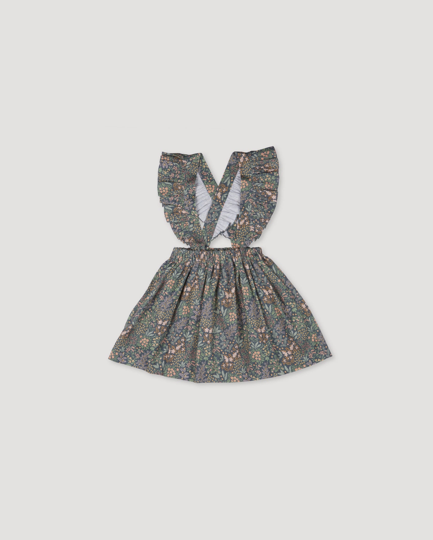Early Sunday, Selma Skirt in Autumn Garden Greyish Blue, made from Printed Cotton Satin fabric, featuring dungaree style with adjustable straps, shown in a front flat-lay view
