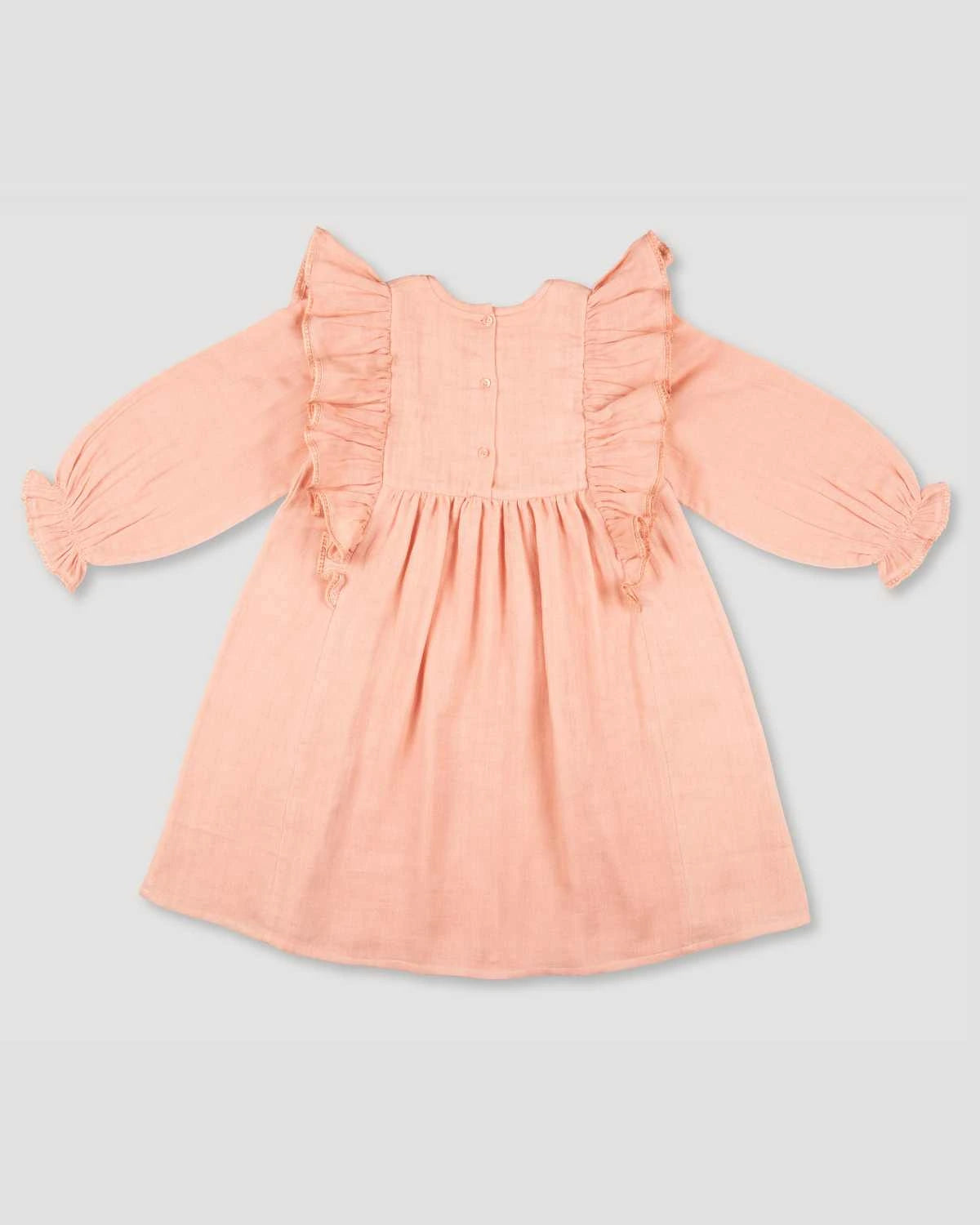 Early Sunday, Suzanne Dress in Dusty Pink, made from Cotton Double Gauze fabric, featuring classic silhouette with floral embroidery around the yoke and ruffle detailing, shown in a back flat-lay view