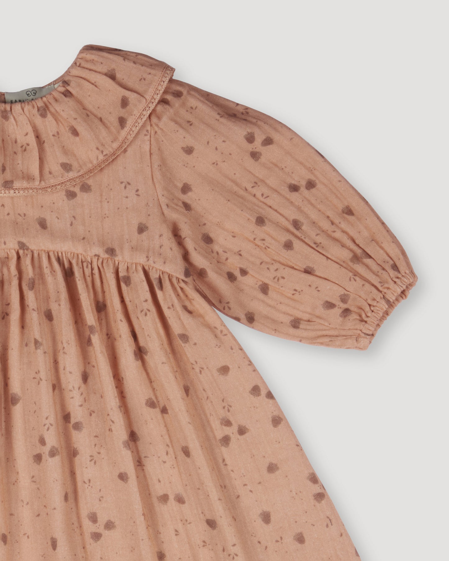 Early Sunday, Suzie Dress in Acorn Dusty Pink, made from Printed Cotton Double Gauze fabric, featuring classic silhouette with a ruffle neckline and mother-of-pearl buttons, shown in a closeup flat-lay view