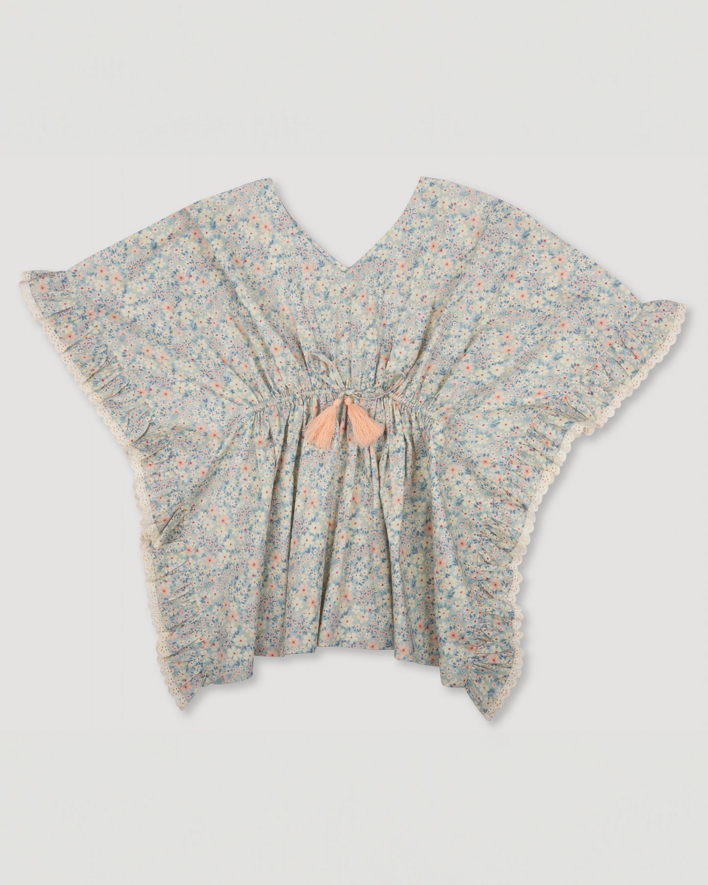 Early Sunday, Tony Kaftan in Amelia print, made from Printed Cotton Cambric fabric, featuring flowing kaftan silhouette with a gathered waist and tassel tie detail, shown in a front flat-lay view