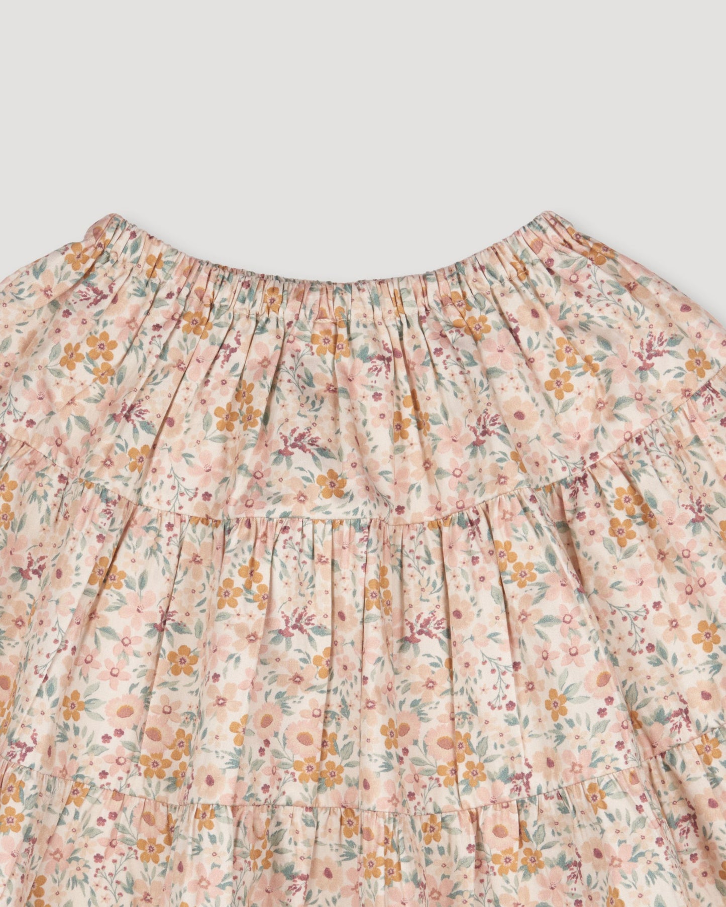 Early Sunday, Victoria Skirt in Floral print, made from Printed Cotton Satin fabric, featuring Tiered silhouette for natural movement and volume, shown in a closeup flat-lay view