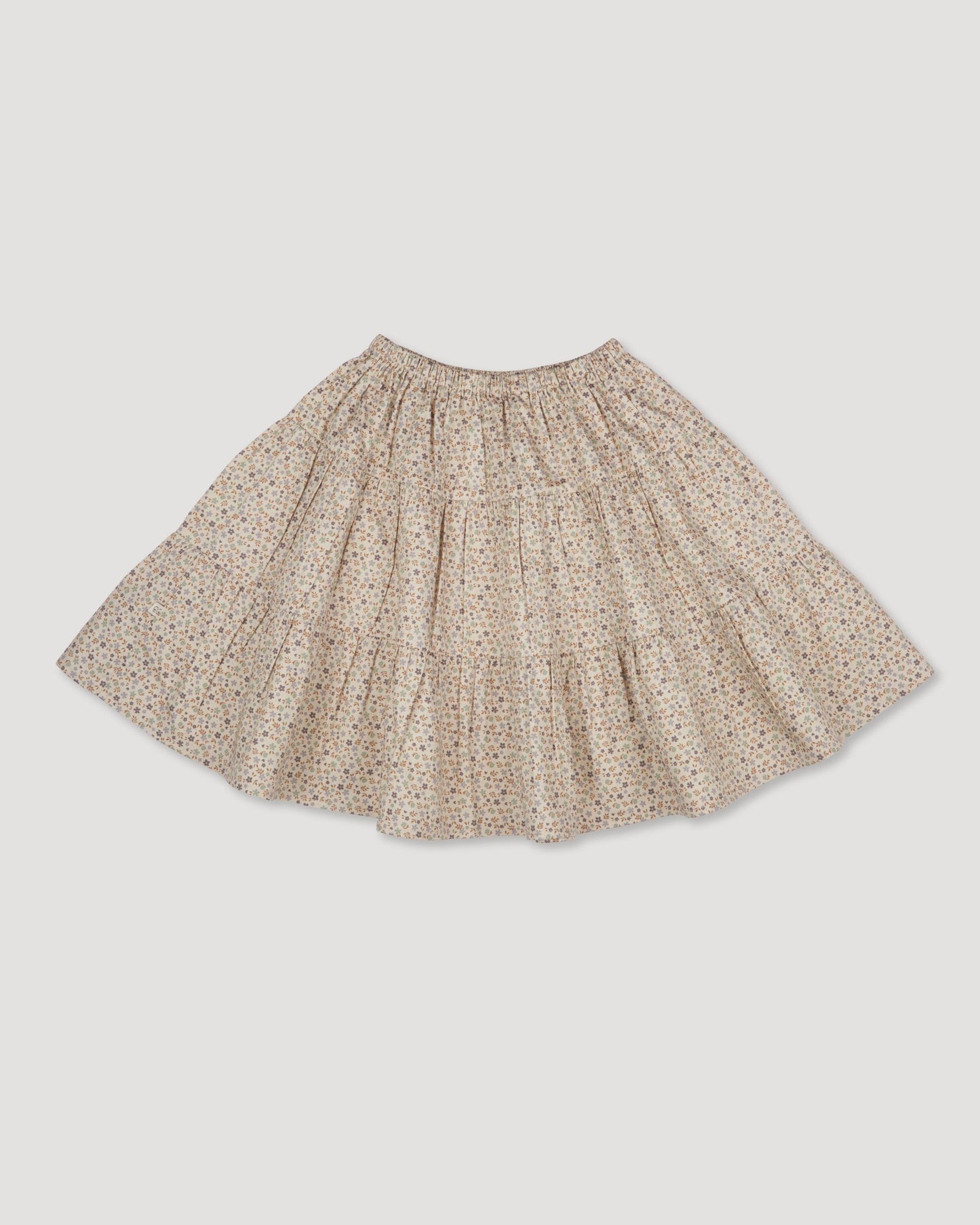 Early Sunday, Victoria Skirt in Miny Flowers print, made from Printed Cotton Satin fabric, featuring Tiered silhouette for natural movement and volume, shown in a front flat-lay view