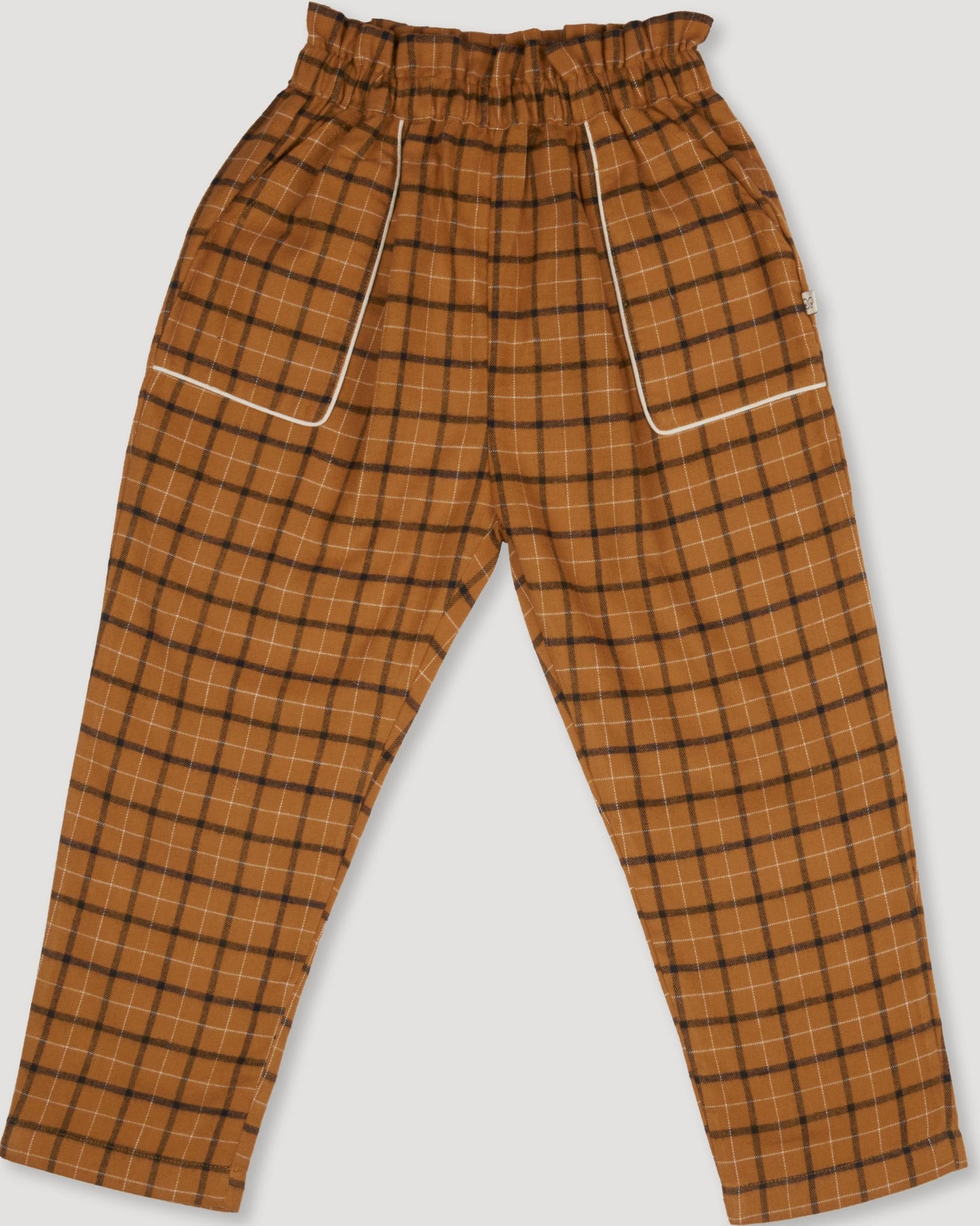 Early Sunday, Adrien Trouser in Almond Checks, made from Cotton Yarn Dyed Brushed Checks fabric, featuring Relaxed design with ample room for movement, perfect for active kids, shown in a back flat-lay view