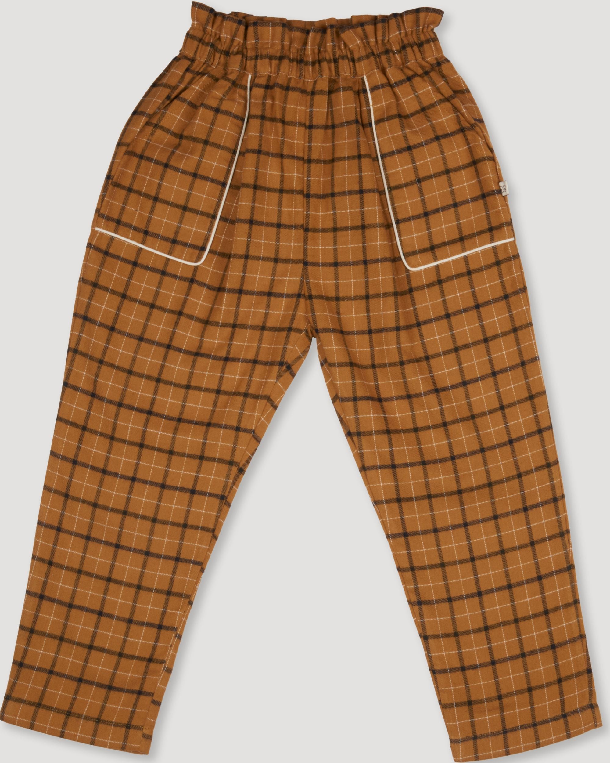 Early Sunday, Adrien Trouser in Almond Checks, made from Cotton Yarn Dyed Brushed Checks fabric, featuring Relaxed design with ample room for movement, perfect for active kids, shown in a back flat-lay view