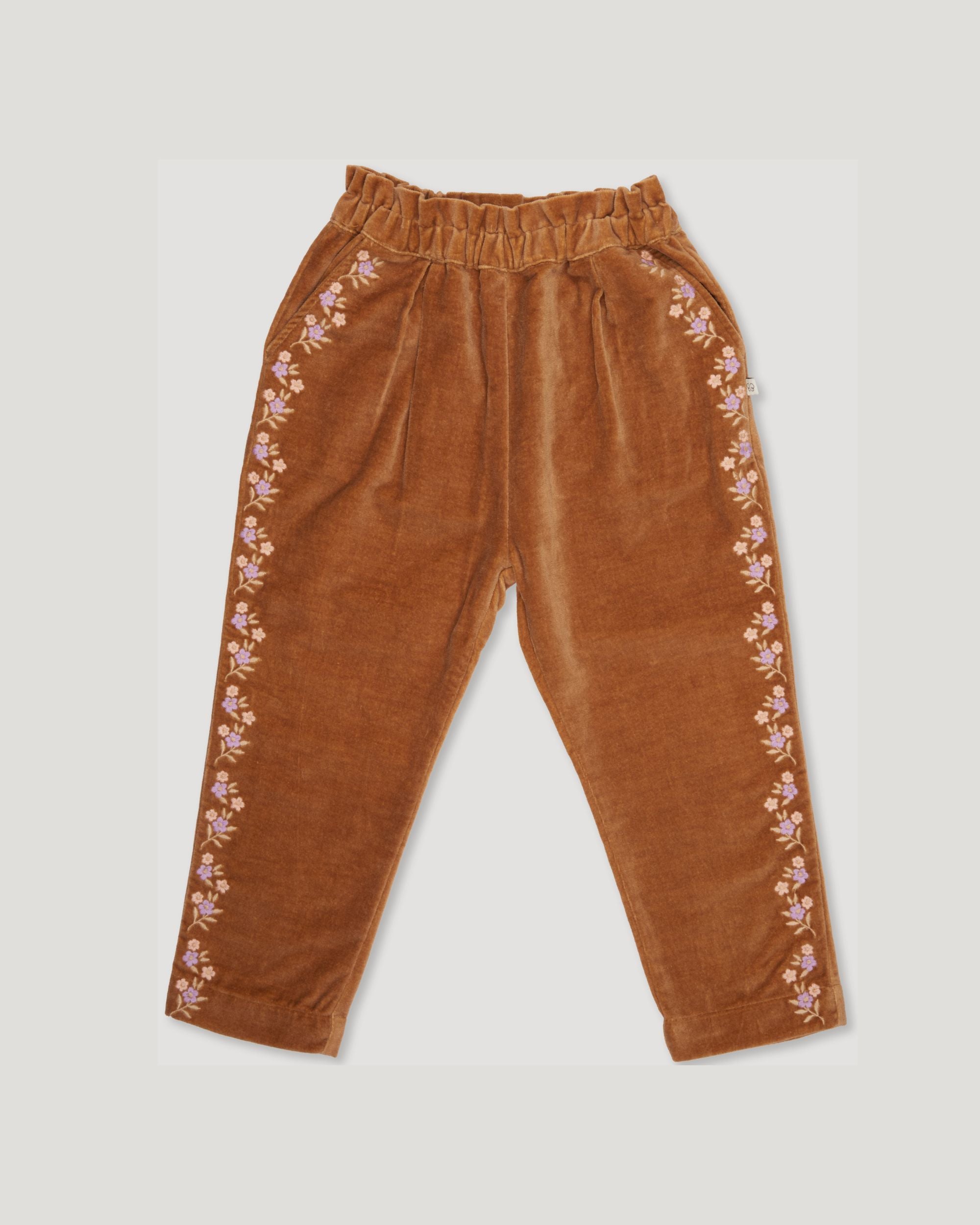 Early Sunday, Adrien Trouser in Almond, made from Dyed Cotton Velvet fabric, featuring Relaxed design with ample room for movement, perfect for active kids, shown in a front flat-lay view