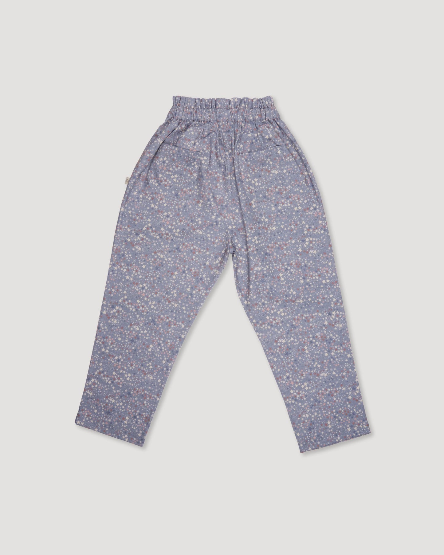 Early Sunday, Adrien Trouser in Celestial print, made from Printed 30s Cotton Twill fabric, featuring Relaxed design with ample room for movement, perfect for active kids, shown in a back flat-lay view