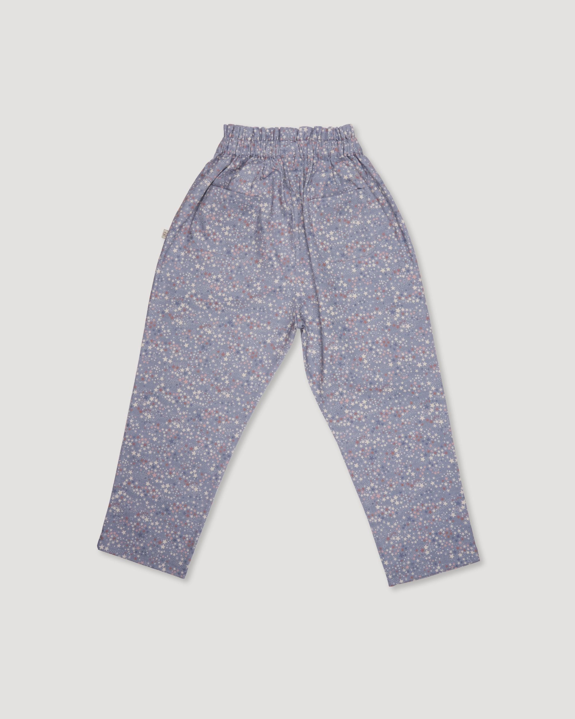 Early Sunday, Adrien Trouser in Celestial print, made from Printed 30s Cotton Twill fabric, featuring Relaxed design with ample room for movement, perfect for active kids, shown in a back flat-lay view