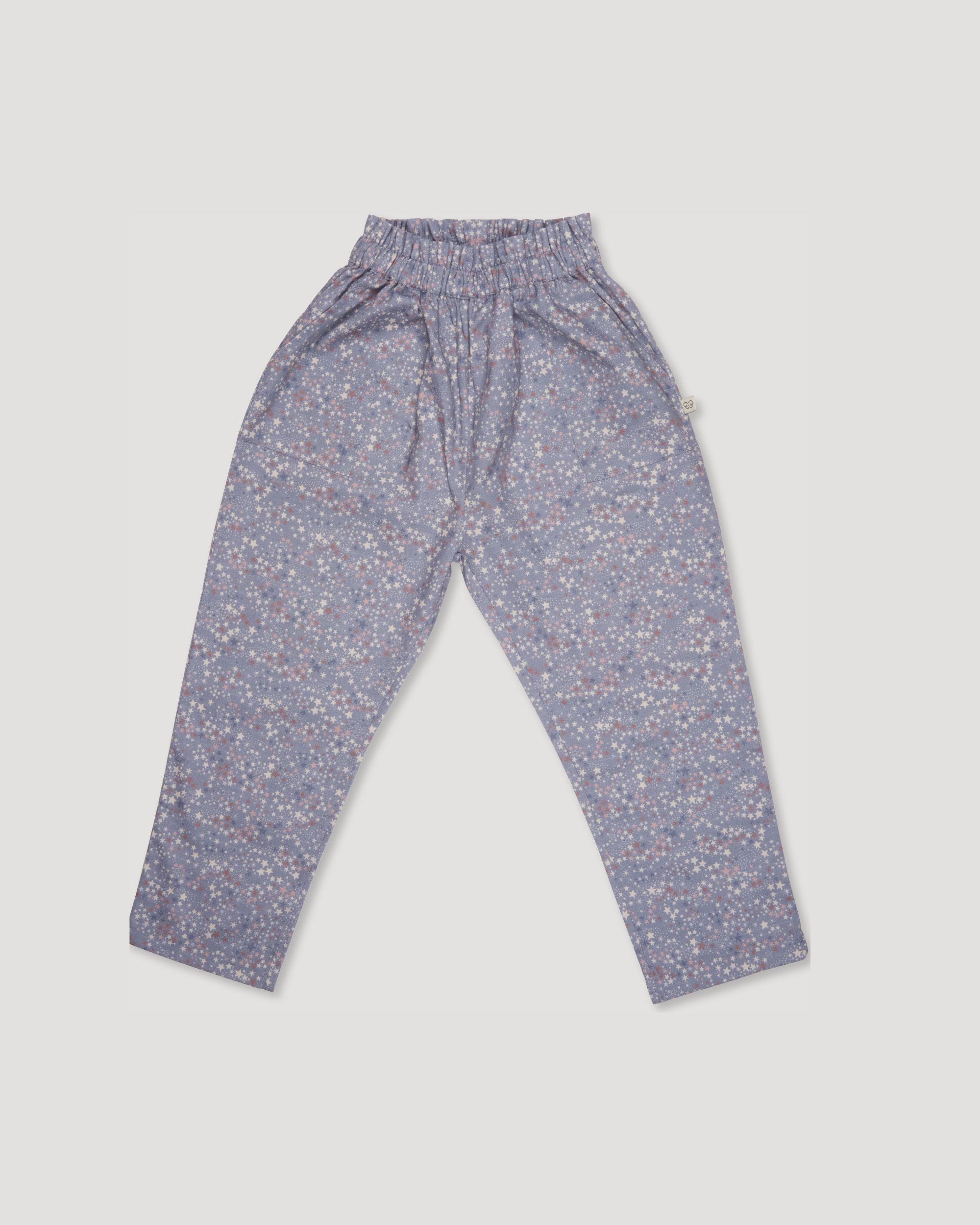 Early Sunday, Adrien Trouser in Celestial print, made from Printed 30s Cotton Twill fabric, featuring Relaxed design with ample room for movement, perfect for active kids, shown in a front flat-lay view