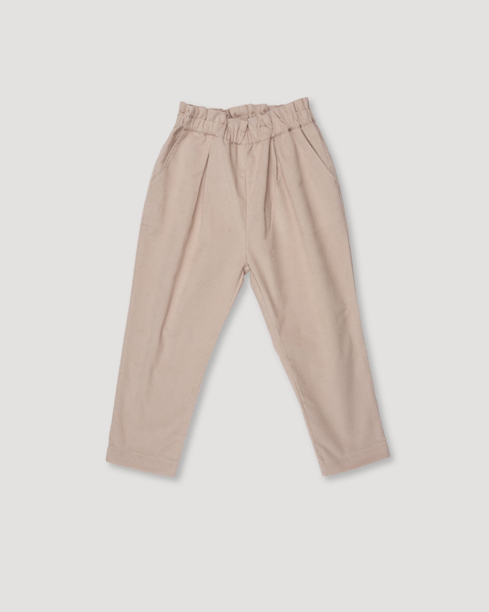 Early Sunday, Adrin Trouser in Beige, made from Cotton Corduroy fabric, featuring a relaxed silhouette with a comfortable elastic waistband, shown in a front flat-lay view