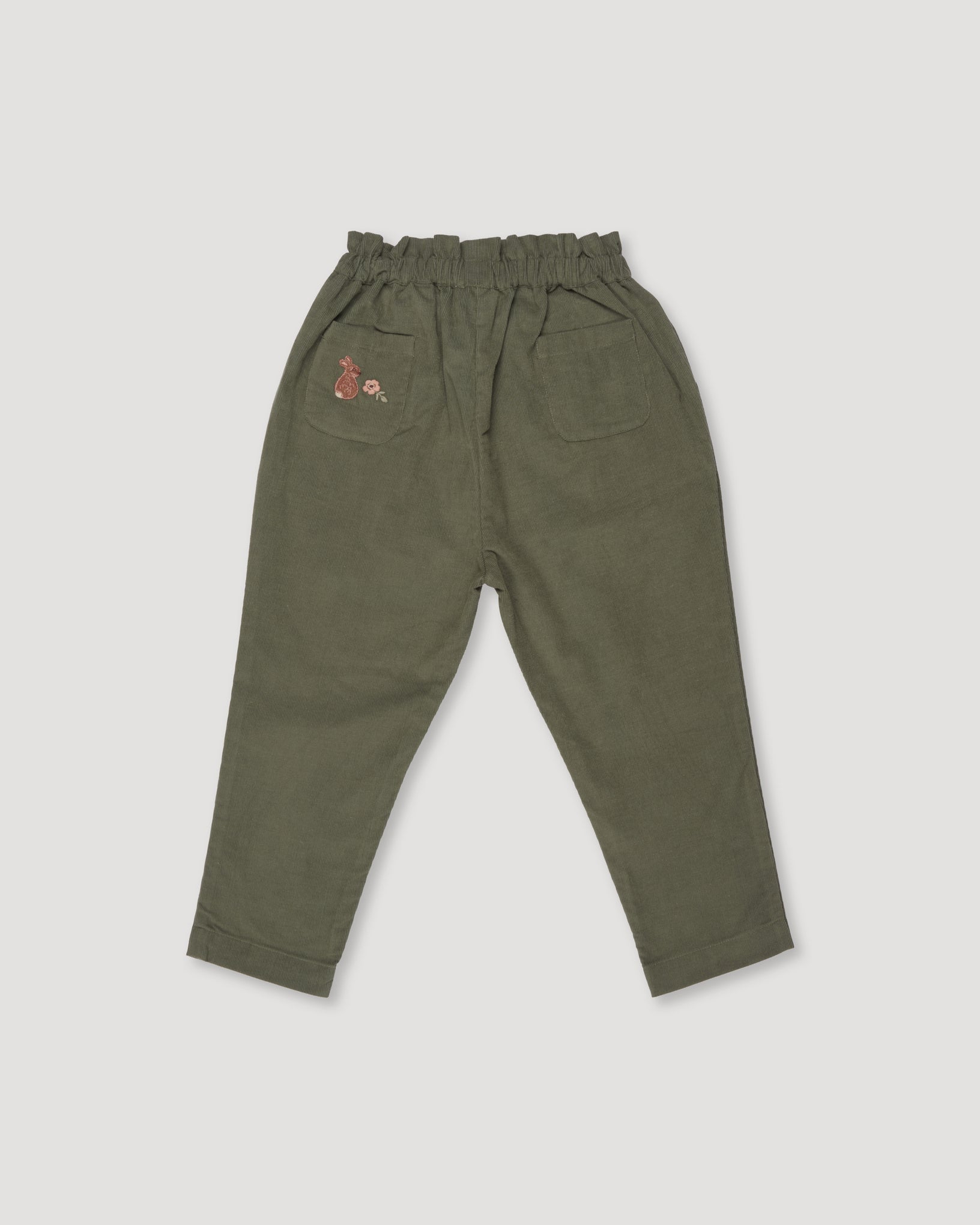 Early Sunday, Adrin Trouser in Moss color, made from Cotton Corduroy fabric, featuring a relaxed silhouette with a comfortable elastic waistband, shown in a back flat-lay view