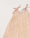 Early Sunday, Alena dress in Pink Stripes color, made from printed 70% cotton 30% linen fabric, featuring tie-up shoulder straps, gathered flare, and ruffled hem, shown in a closeup flat-lay view.