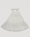 Early Sunday, Alice Dress in Mini Flower print, made from Printed canvas 70% Cotton 30% Linen fabric, featuring sleeveless with adjustable tie-up straps and a tiered silhouette, shown in a front flat-lay view