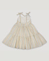 Early Sunday, Alice Dress in Summer Stripe color, made from Printed canvas 70% Cotton 30% Linen fabric, featuring sleeveless with adjustable tie-up straps and a tiered silhouette, shown in a back flat-lay view