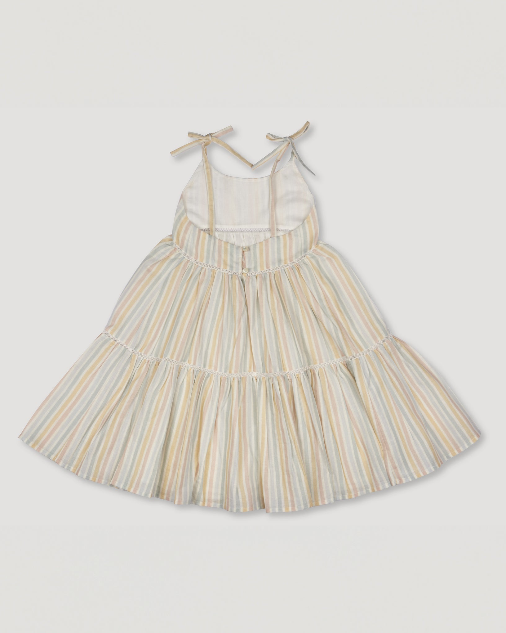 Early Sunday, Alice Dress in Summer Stripe color, made from Printed canvas 70% Cotton 30% Linen fabric, featuring sleeveless with adjustable tie-up straps and a tiered silhouette, shown in a back flat-lay view