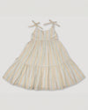 Early Sunday, Alice Dress in Summer Stripe color, made from Printed canvas 70% Cotton 30% Linen fabric, featuring sleeveless with adjustable tie-up straps and a tiered silhouette, shown in a front flat-lay view