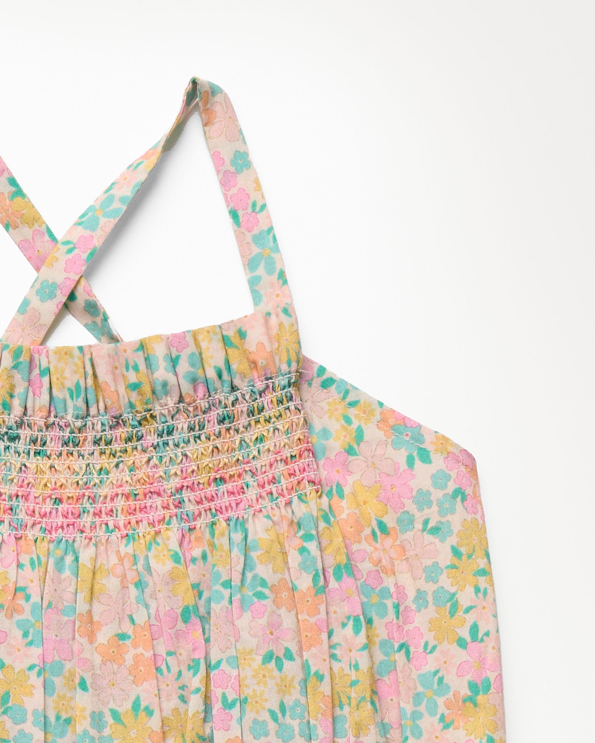 Early Sunday, Alisson Dress in Emma Floral Mint color, made from organic printed cotton cambric fabric, featuring smocked bodice, adjustable shoulder straps, sweet tassel accents, and a flowy gathered skirt, shown in a closeup flat-lay view.