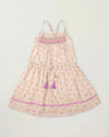 Early Sunday, Alisson Dress in butterfly print color, made from printed cotton tiny swiss dobby fabric, featuring smocked bodice, adjustable shoulder straps, sweet tassel accents, and a flowy gathered skirt, shown in a front flat-lay view.