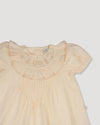 Early Sunday, Amelia Blouse in Hazelnut Cream, made from Dyed Cotton Swiss Dobby Tiny Dots fabric, featuring Classic pleats that enhance the fit and finish, shown in a closeup flat-lay view