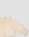 Early Sunday, Amy Baby Blouse & Bloomer Set in Hazelnut Cream & Mini Floral print, made from Dyed Cotton Swiss Dobby Tiny Dots fabric, featuring a full sleeves with beautiful embroidery & printed floral bloomers, shown in a closeup flat-lay view