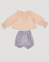 Early Sunday, Amy Baby Blouse & Bloomer Set in Nude & Celestial print, made from Dyed Cotton Swiss Dobby Tiny Dots fabric, featuring a delicate embroidery & lace-trimmed ruffles with elasticated bloomers, shown in a front flat-lay view