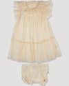 Early Sunday, Angel Baby Dress & Bloomer Set in  Hazelnut Cream color, made from Dyed Nylon Mesh Dobby fabric, featuring a dobby mesh, fluttery sleeves & gentle gathers, shown in a front flat-lay view