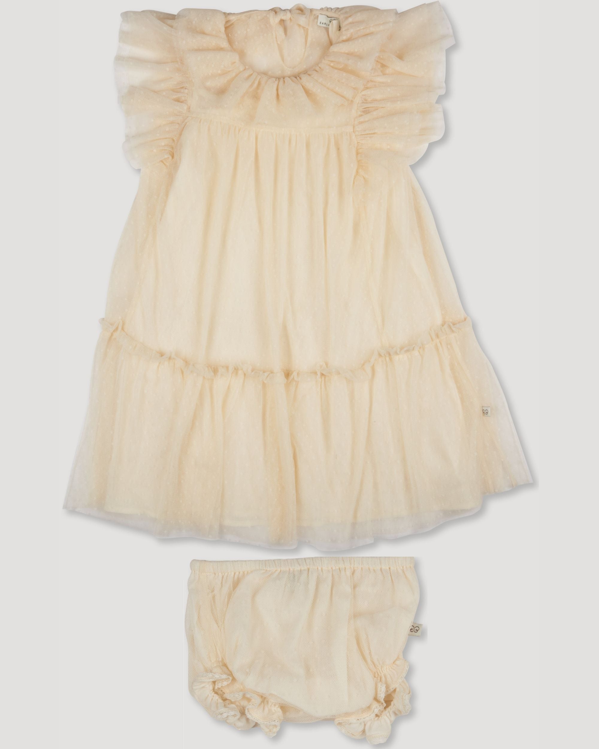 Early Sunday, Angel Baby Dress & Bloomer Set in  Hazelnut Cream color, made from Dyed Nylon Mesh Dobby fabric, featuring a dobby mesh, fluttery sleeves & gentle gathers, shown in a front flat-lay view