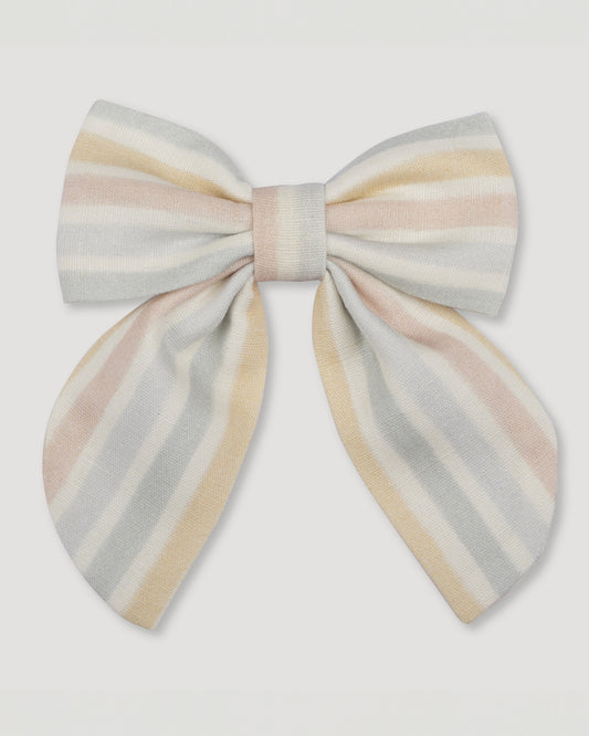 Early Sunday, Audrey Alligator Clip in Summer Stripe, made from Printed canvas 70% Cotton 30% Linen fabric, featuring a fabric bow design with a secure hair clip fastening, shown in a front flat-lay view