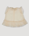 Early Sunday, Aurelia Dress in Hazelnut Cream, made from Dyed Nylon Mesh Dobby fabric, featuring Layered ruffles with flutter sleeves, shown in a back flat-lay view