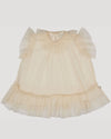 Early Sunday, Aurelia Dress in Hazelnut Cream, made from Dyed Nylon Mesh Dobby fabric, featuring Layered ruffles with flutter sleeves, shown in a front flat-lay view