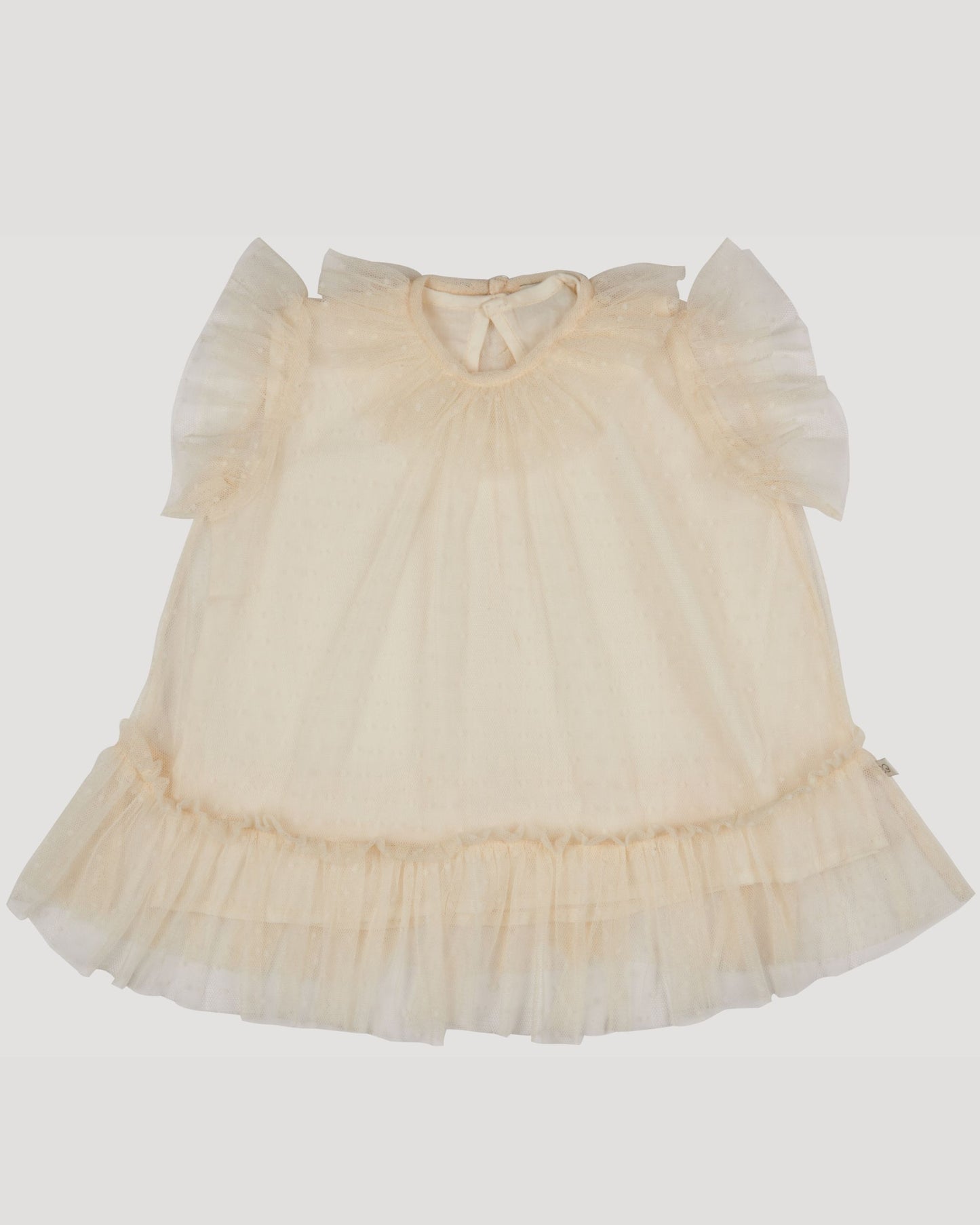 Early Sunday, Aurelia Dress in Hazelnut Cream, made from Dyed Nylon Mesh Dobby fabric, featuring Layered ruffles with flutter sleeves, shown in a front flat-lay view