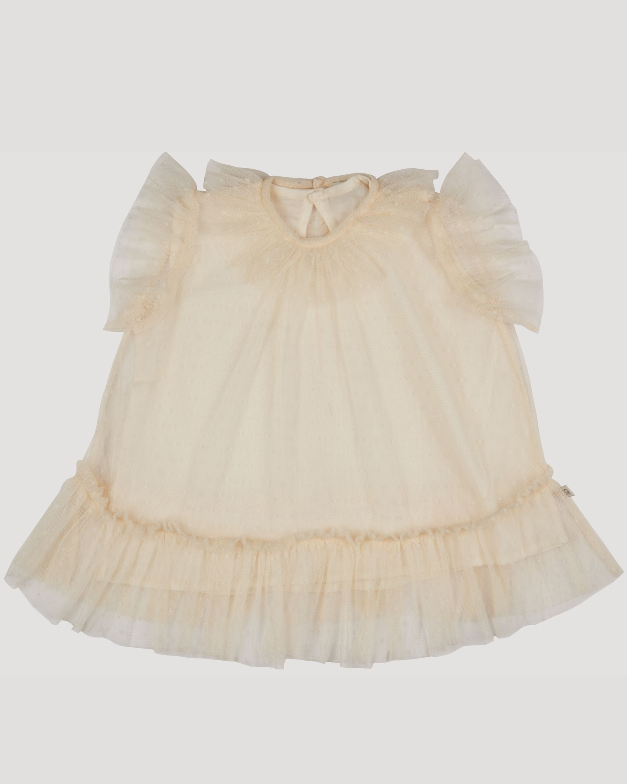 Early Sunday, Aurelia Dress in Hazelnut Cream, made from Dyed Nylon Mesh Dobby fabric, featuring Layered ruffles with flutter sleeves, shown in a front flat-lay view