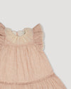 Early Sunday, Aurelia Dress in Feather print, made from Printed Cotton Cambric fabric, featuring Layered ruffles with flutter sleeves, shown in a closeup flat-lay view