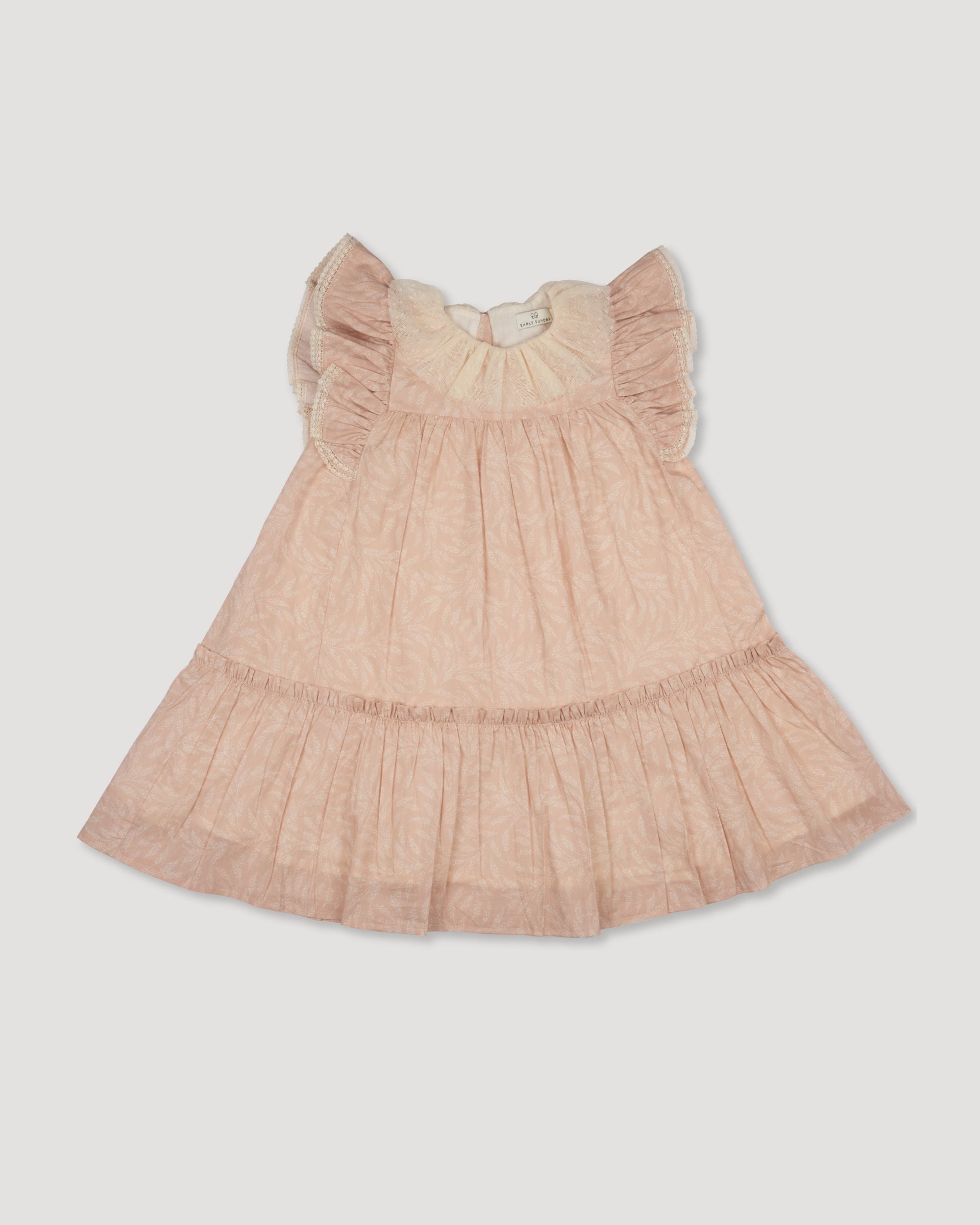 Early Sunday, Aurelia Dress in Feather print, made from Printed Cotton Cambric fabric, featuring Layered ruffles with flutter sleeves, shown in a front flat-lay view