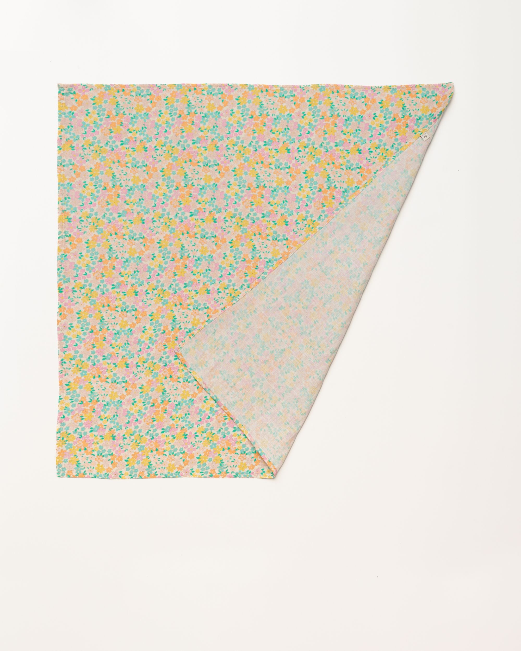 Early Sunday, Baby Napkin in Emma Floral Mint color, made from Printed Cotton Double Gauze fabric, shown in a back flat-lay view