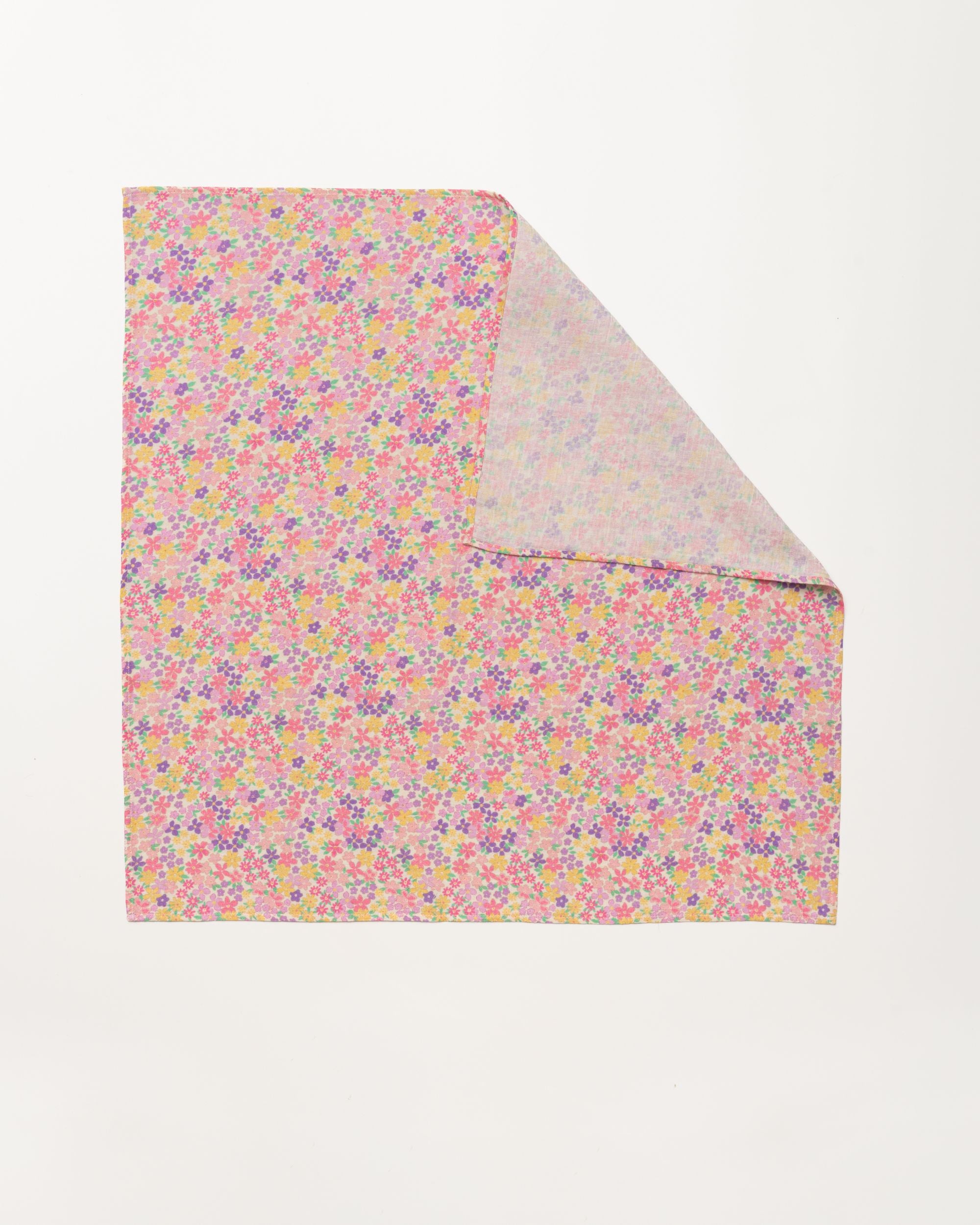 Early Sunday, Baby Napkin in Emma Floral Purple color, made from Printed Cotton Double Gauze fabric, shown in a back flat-lay view