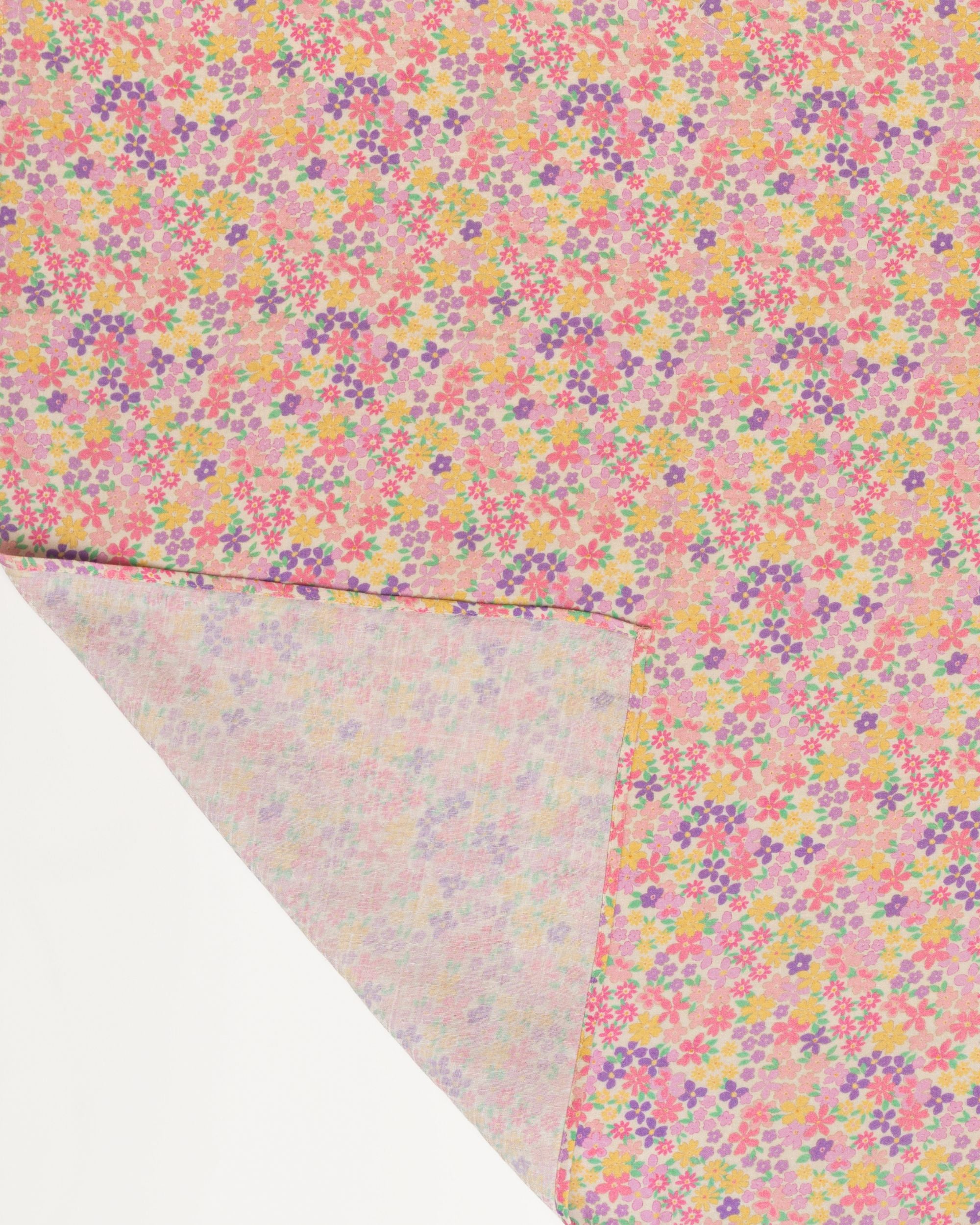 Early Sunday, Baby Napkin in Emma Floral Purple color, made from Printed Cotton Double Gauze fabric, shown in a closeup flat-lay view