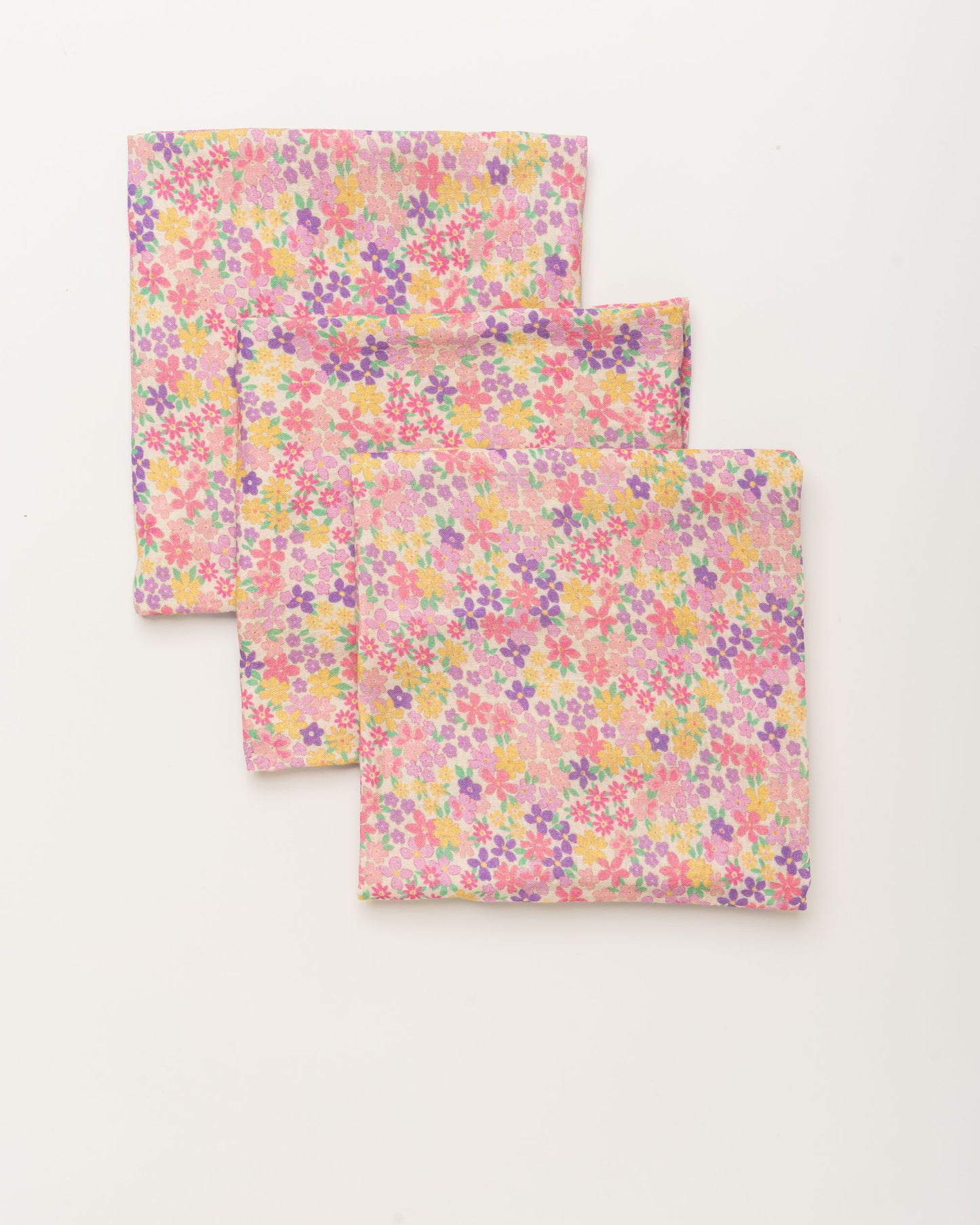 Early Sunday, Baby Napkin in Emma Floral Purple color, made from Printed Cotton Double Gauze fabric, shown in a front flat-lay view