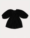 Early Sunday, Belle Dress in Black, made from Cotton Velvet Velour's fabric, featuring a flowing silhouette with puff sleeves and gentle gathers, shown in a back flat-lay view