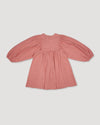 Early Sunday, Belle Dress in Rose, made from Dyed Cotton Double Gauze fabric, featuring Hand-embroidered floral bodice with voluminous puff sleeves for a soft, enchanting silhouette, shown in a back flat-lay view