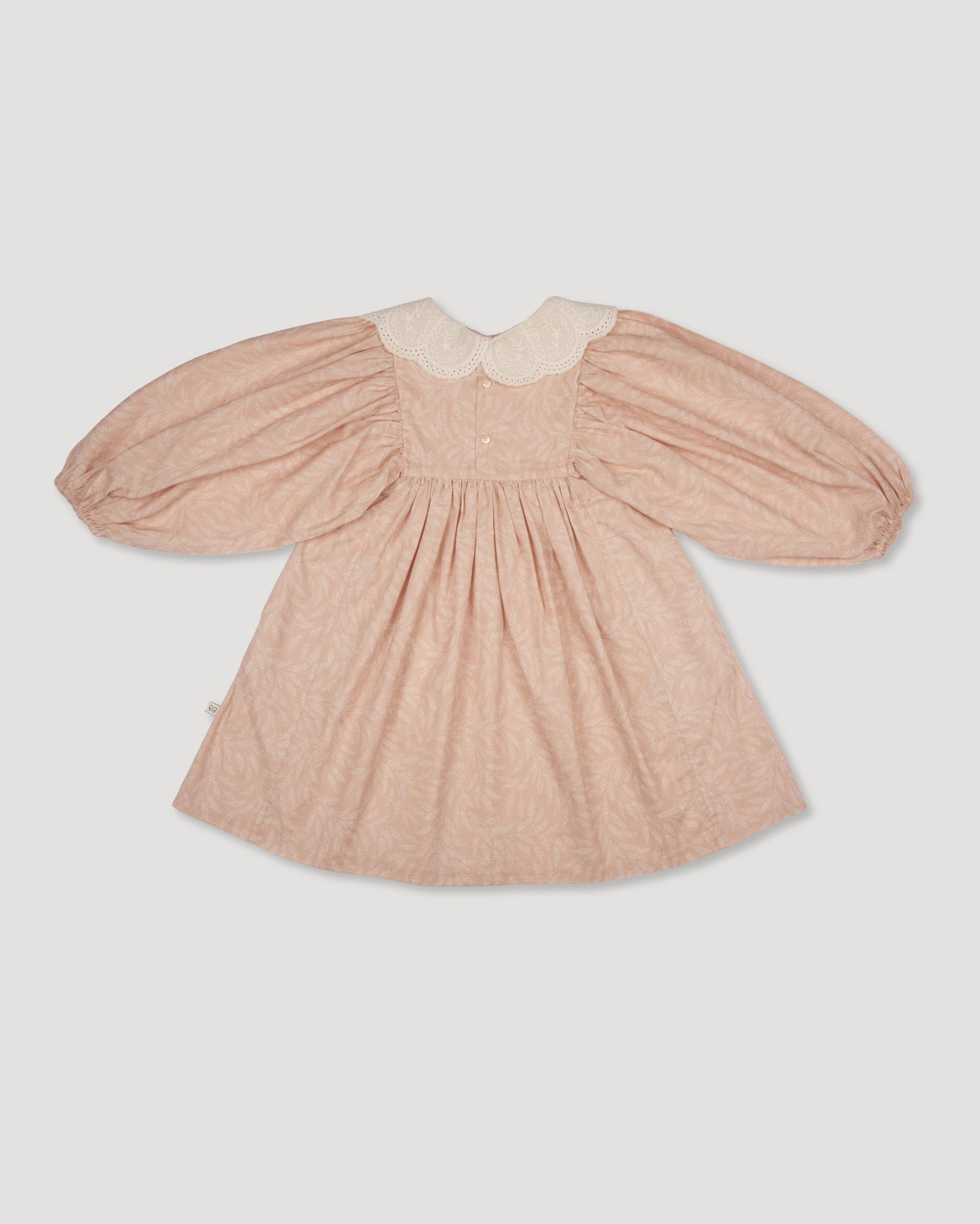 Early Sunday, Belle Dress in Feather print, made from Printed Cotton Cambric fabric, featuring Hand-embroidered floral bodice with voluminous puff sleeves for a soft, enchanting silhouette, shown in a back flat-lay view