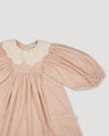 Early Sunday, Belle Dress in Feather print, made from Printed Cotton Cambric fabric, featuring Hand-embroidered floral bodice with voluminous puff sleeves for a soft, enchanting silhouette, shown in a closeup flat-lay view