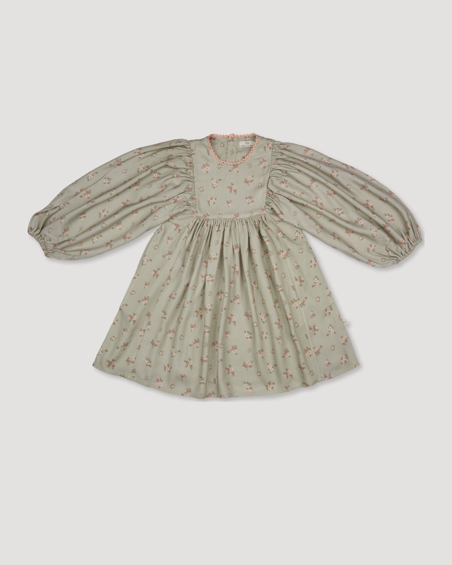Early Sunday, Belle Dress in Ditsy Bouquet Jade print, made from Printed Viscose Rayon Twill fabric, featuring Hand-embroidered floral bodice with voluminous puff sleeves for a soft, enchanting silhouette, shown in a front flat-lay view