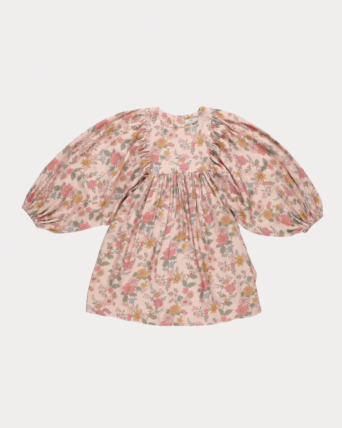 Early Sunday, Belle Dress in Bloom, made from Printed Viscose Twill fabric, featuring a square yoke bodice with puff sleeves and delicate gathered detailing, shown in a front flat-lay view