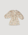 Early Sunday, Belle Dress in Falling Leaves Beige color, made from Printed Viscose Twill fabric, featuring a-line silhouette, bishop sleeves, back button closure, and mid-length, shown in a front flat-lay view