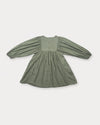 Early Sunday, Belle Dress in Sage Green, made from Viscose Twill fabric, featuring a square yoke bodice with puff sleeves and delicate gathered detailing, shown in a back flat-lay view