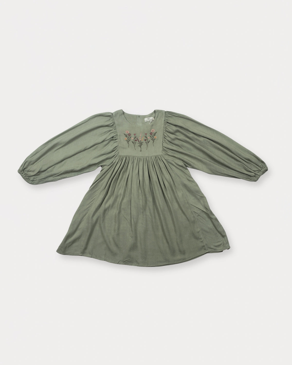 Early Sunday, Belle Dress in Sage Green, made from Viscose Twill fabric, featuring a square yoke bodice with puff sleeves and delicate gathered detailing, shown in a front flat-lay view