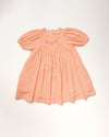 Early Sunday, Beth Dress in Candy Floss color, made from 100% cotton double gauze solid fabric, featuring Puff sleeves, contrast scalloped collar for a vintage touch, shown in a front flat-lay view.