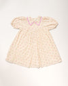 Early Sunday, Beth Dress in Butterfly Print color, made from printed cotton tiny swiss dobby fabric, featuring Puff sleeves, contrast scalloped collar for a vintage touch, shown in a front flat-lay view.