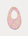 Early Sunday, Bib in Emma Floral Purple color, made from Organic Printed Cotton Double Gauze fabric, shown in a front flat-lay view