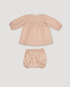 Early Sunday, Billie Baby Dress & Bloomer Set in Feather print, made from Printed 60s Cotton Cambric fabric, featuring long sleeves, lace yoke & a gathered waist with matching bloomers, shown in a back flat-lay view